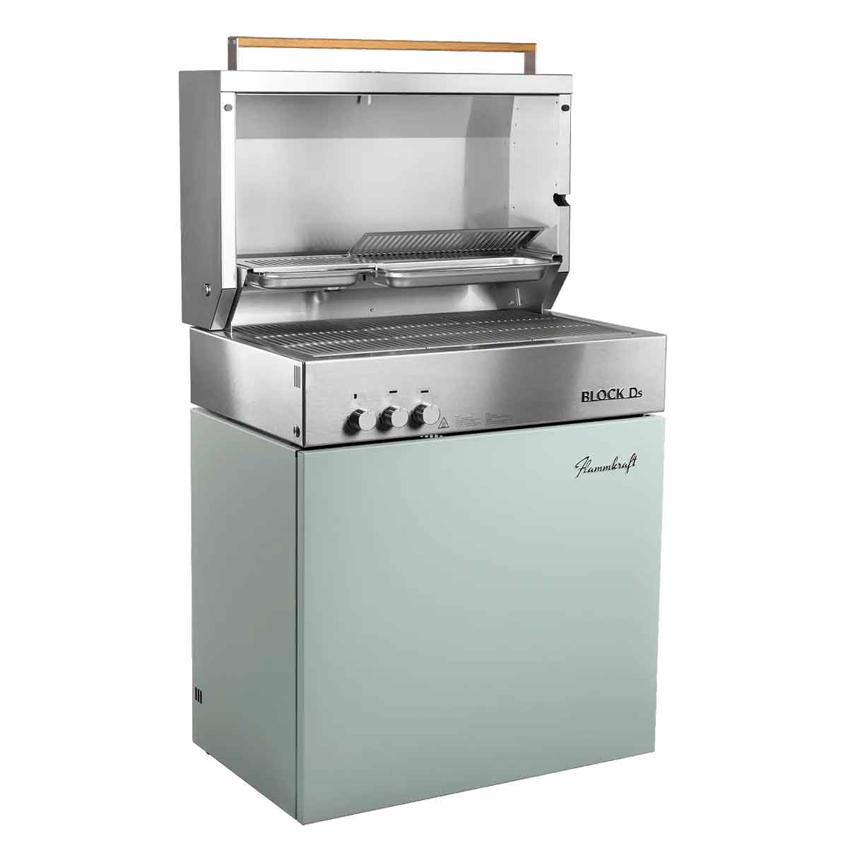 Flammkraft Block Ds Tiefumbra, mit geöffneter Grillhaube