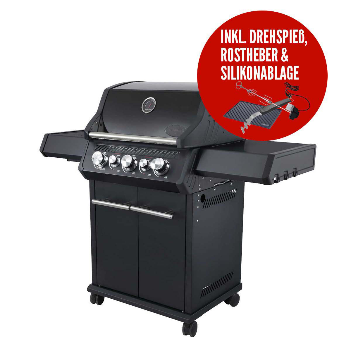SANTOS Gasgrill S-318 All Black mit IR-Seiten- & Heckbrenner inkl. Drehspiess, Rostheber & Silikonablage