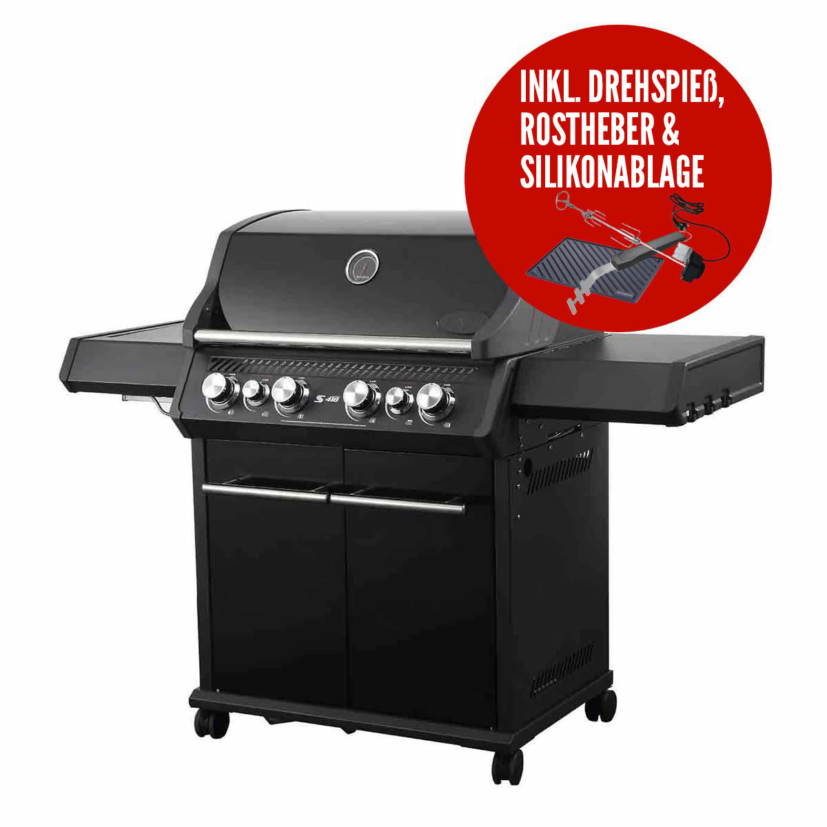 SANTOS Gasgrill S-418 All Black mit IR-Seiten- & Heckbrenner  inkl. Drehspiess, Rostheber & Silikonablage SANTOS Gasgrill S-418 All Black mit IR-Seiten- & Heckbrenner  inkl. Drehspiess, Rostheber & Silikonablage