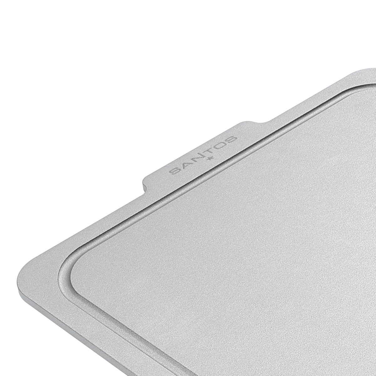SANTOS Teppanyaki Platte Edelstahl vor weißem Hintergrund mit SANTOS Logo