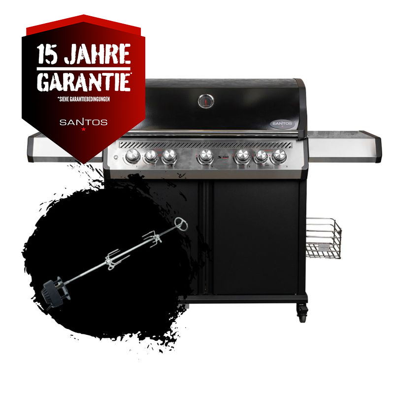 SANTOS S-518 Pro Schwarz | Seiten- & Heckbrenner | inkl. Drehspiess