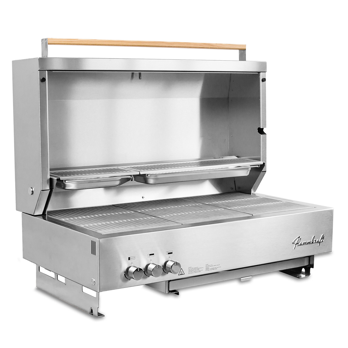 Flammkraft Block D Gen 5 Einbaugrill, Vorderansicht, geöffneter Deckel