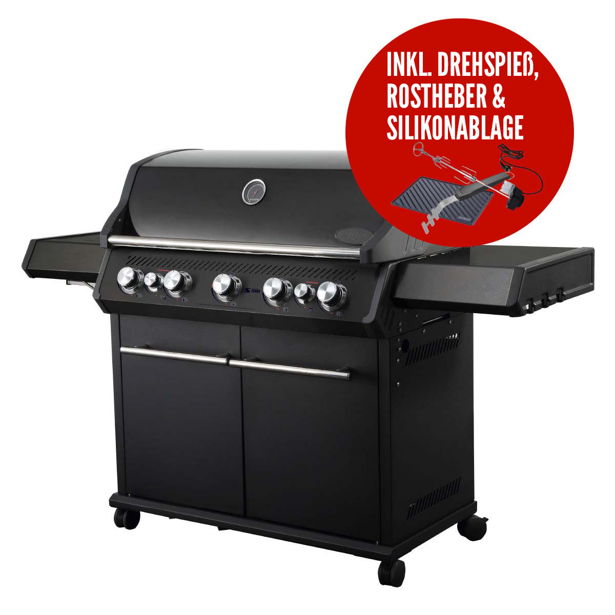 SANTOS Gasgrill S-518 All Black mit IR-Seiten- und Heckbrenner inkl. Drehspiess, Rostheber & Silikonablage SANTOS Gasgrill S-518 All Black mit IR-Seiten- und Heckbrenner inkl. Drehspiess, Rostheber & Silikonablage