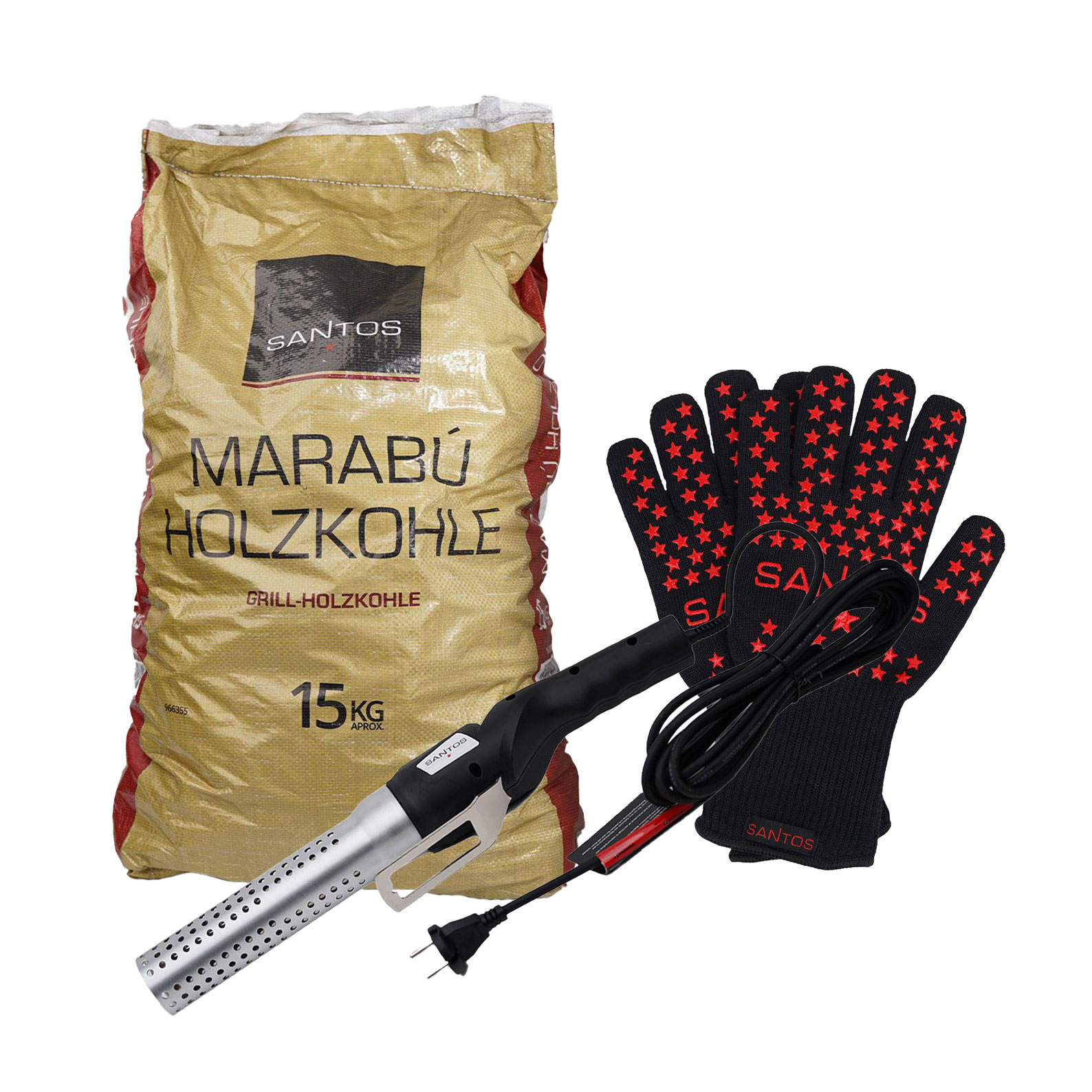 Santos Holzkohle-Set - Holzkohleanzünder, Grillkohle und Handschuhe 