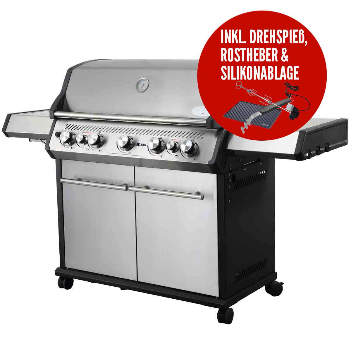 SANTOS Gasgrill S-518 mit IR-Seiten- & Heckbrenner inkl. Drehspiess, Rostheber & Silikonablage