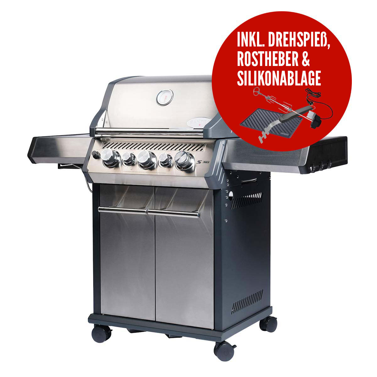 SANTOS Gasgrill S-318 | Seiten- & Heckbrenner, Edelstahl inkl. Drehspieß, Rostheber & Silikonablage